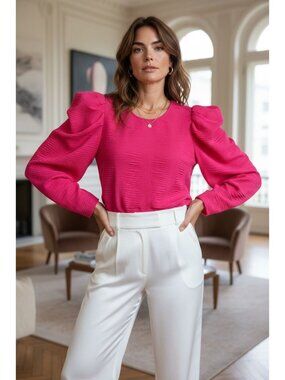 Calvin Klein Womens Size L Chiffon Pink Textured Puff Sleeve Blouse Glitter NEW
